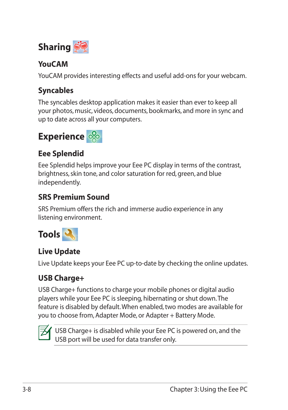 Sharing, Experience, Tools | Sharing -8 experience -8 tools -8 | Asus Eee PC R251P User Manual | Page 40 / 62