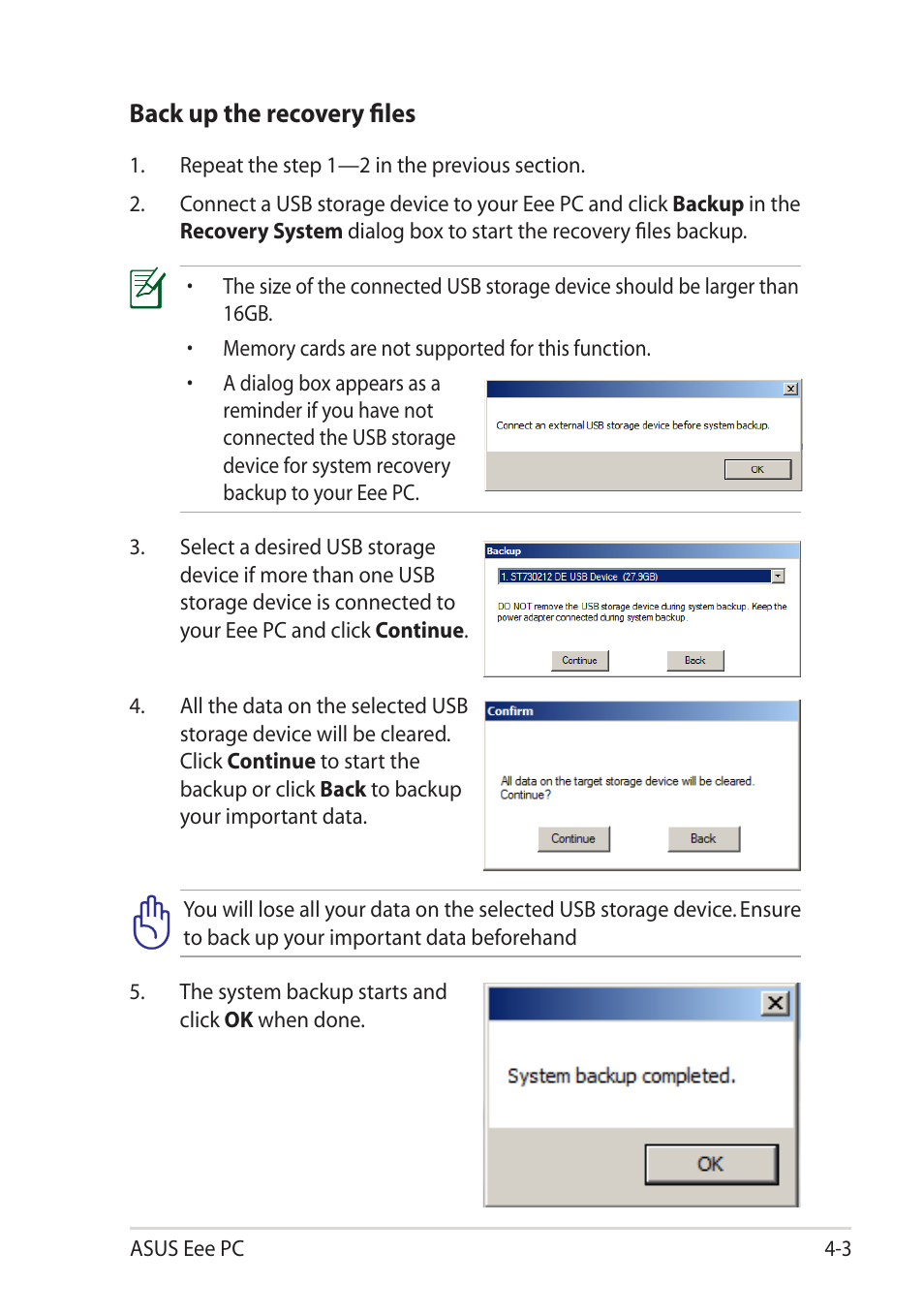 Back up the recovery files | Asus Eee PC R251P User Manual | Page 45 / 62