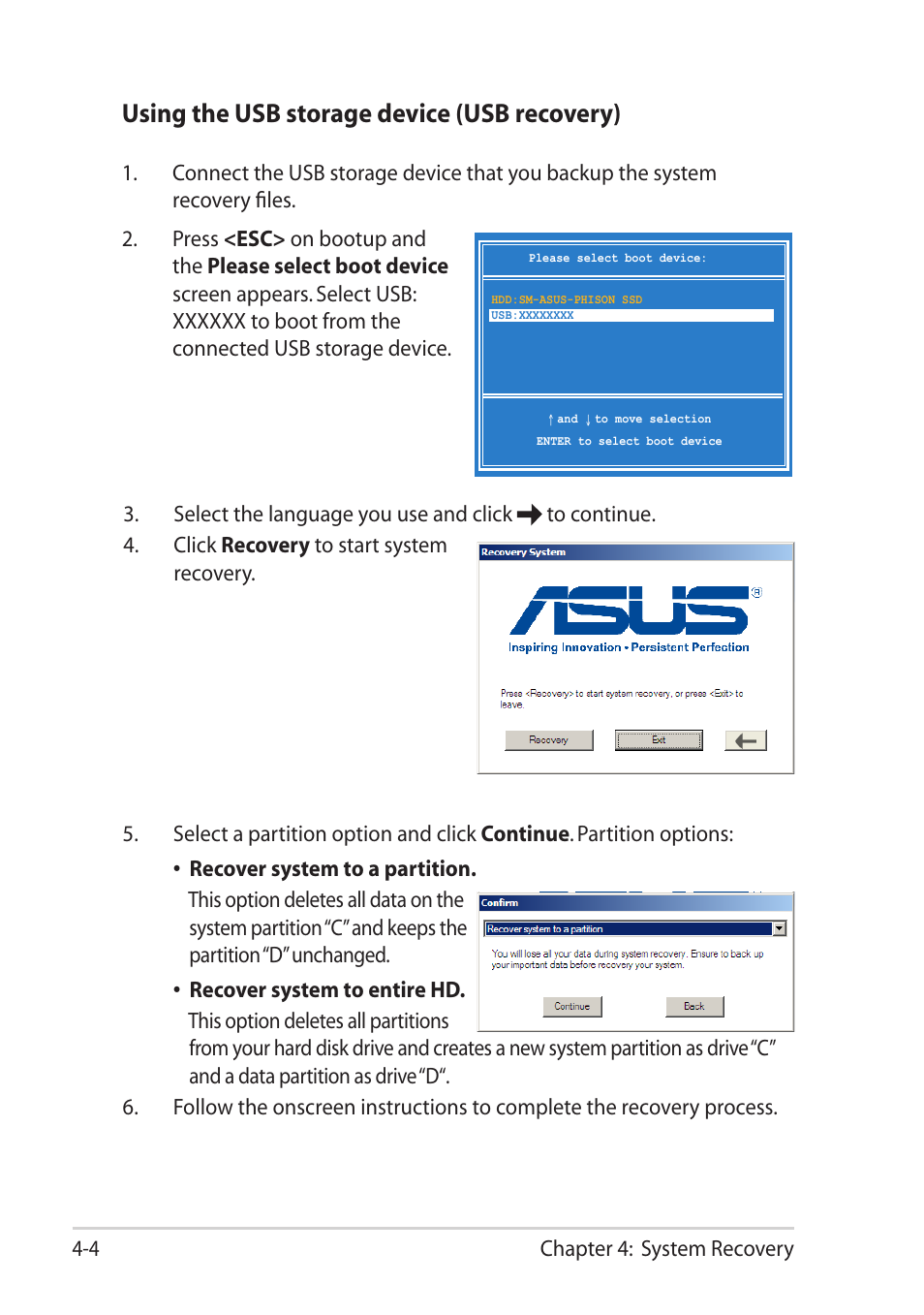 Using the usb storage device (usb recovery) | Asus Eee PC R251P User Manual | Page 46 / 62