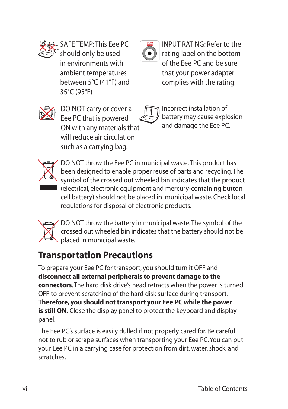 Transportation precautions | Asus Eee PC R251P User Manual | Page 6 / 62