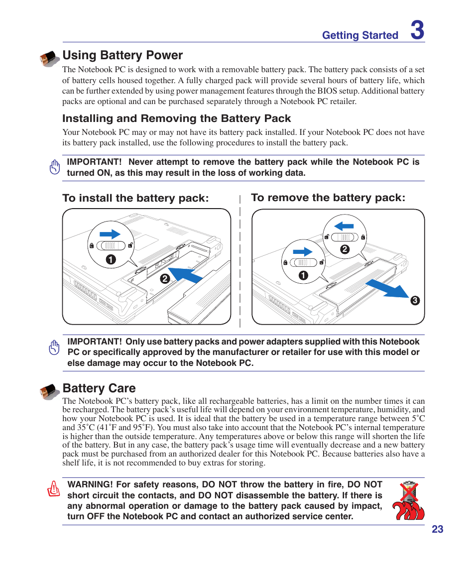 Using battery power, Battery care | Asus A9Rp User Manual | Page 23 / 67