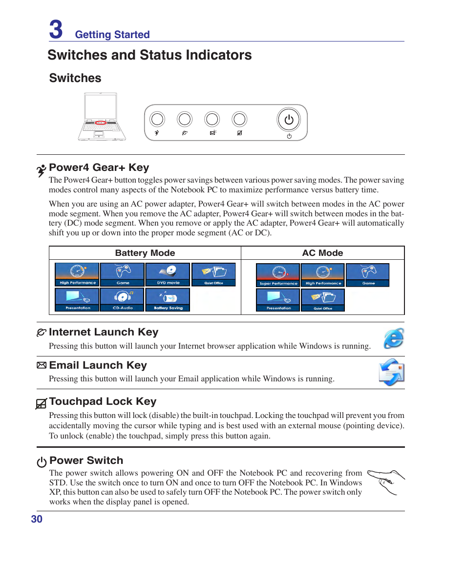 Switches and status indicators, Switches | Asus A9Rp User Manual | Page 30 / 67
