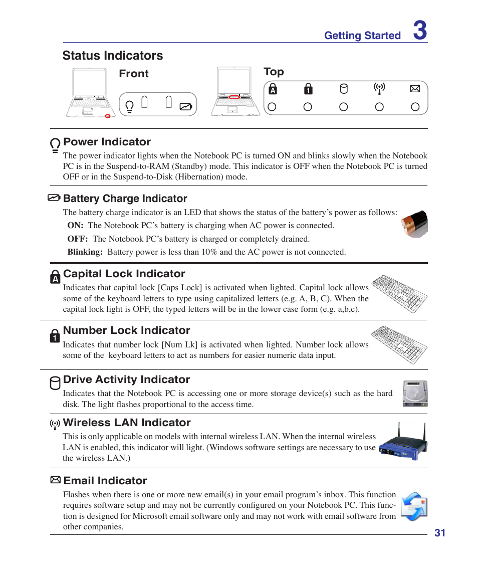 Status indicators | Asus A9Rp User Manual | Page 31 / 67