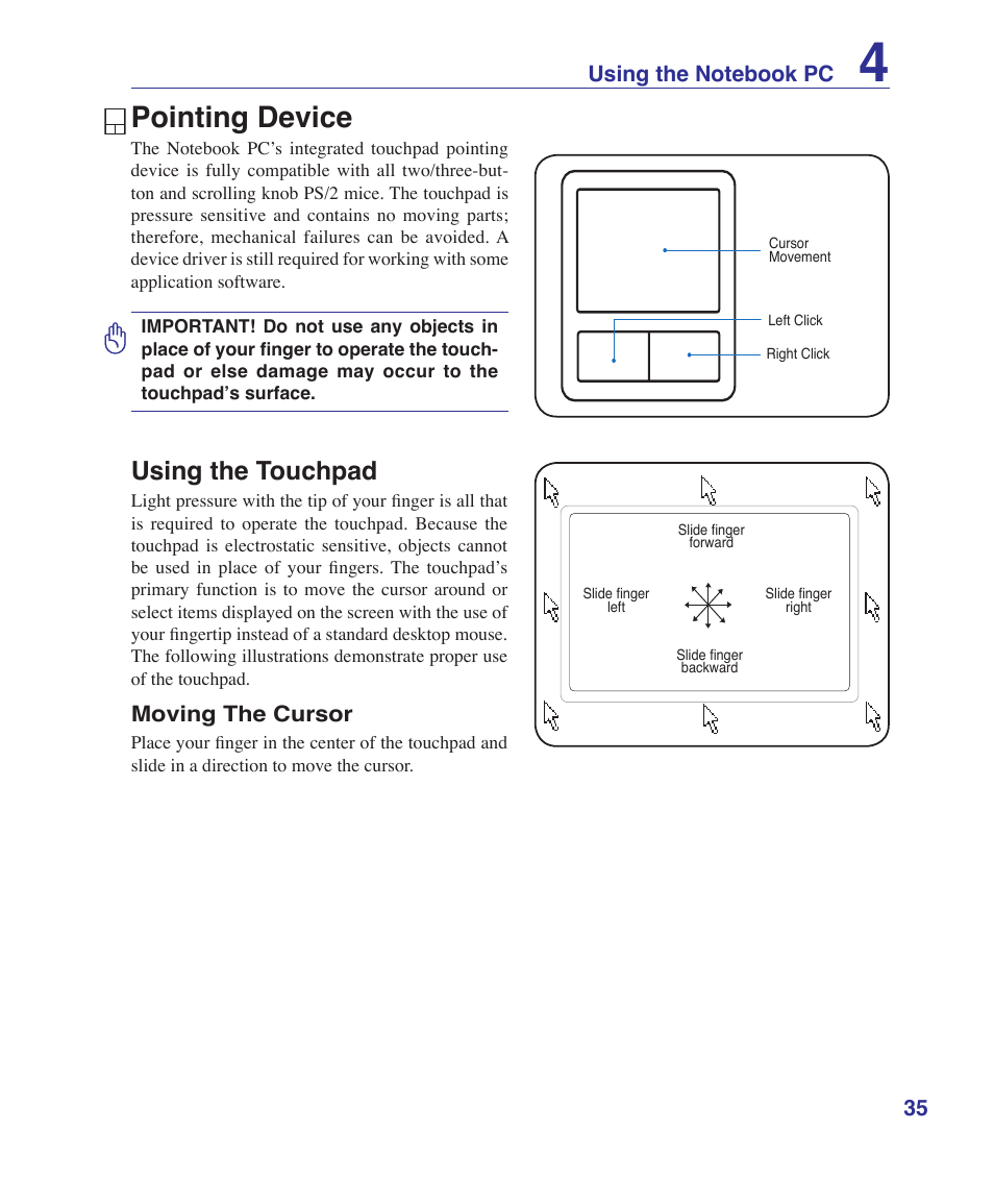 Pointing device, Using the touchpad | Asus A9Rp User Manual | Page 35 / 67