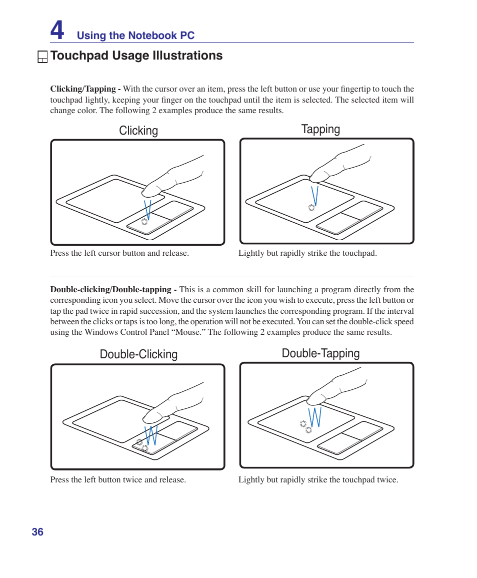 Touchpad usage illustrations | Asus A9Rp User Manual | Page 36 / 67