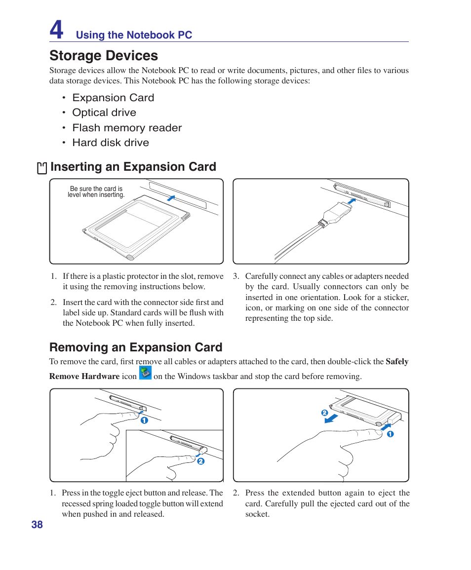 Storage devices, Inserting an expansion card, Removing an expansion card | Asus A9Rp User Manual | Page 38 / 67