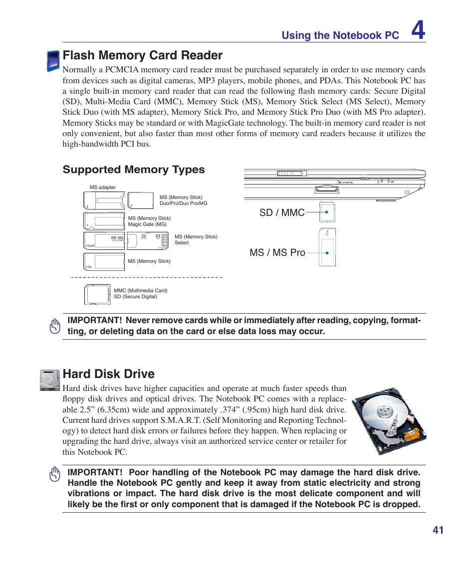 Flash memory card reader, Hard disk drive | Asus A9Rp User Manual | Page 41 / 67