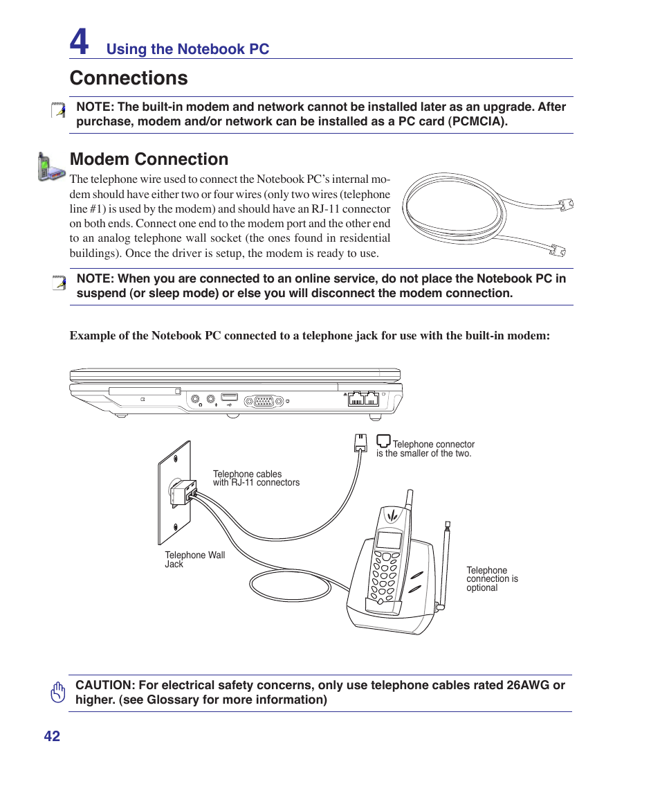 Connections, Modem connection | Asus A9Rp User Manual | Page 42 / 67