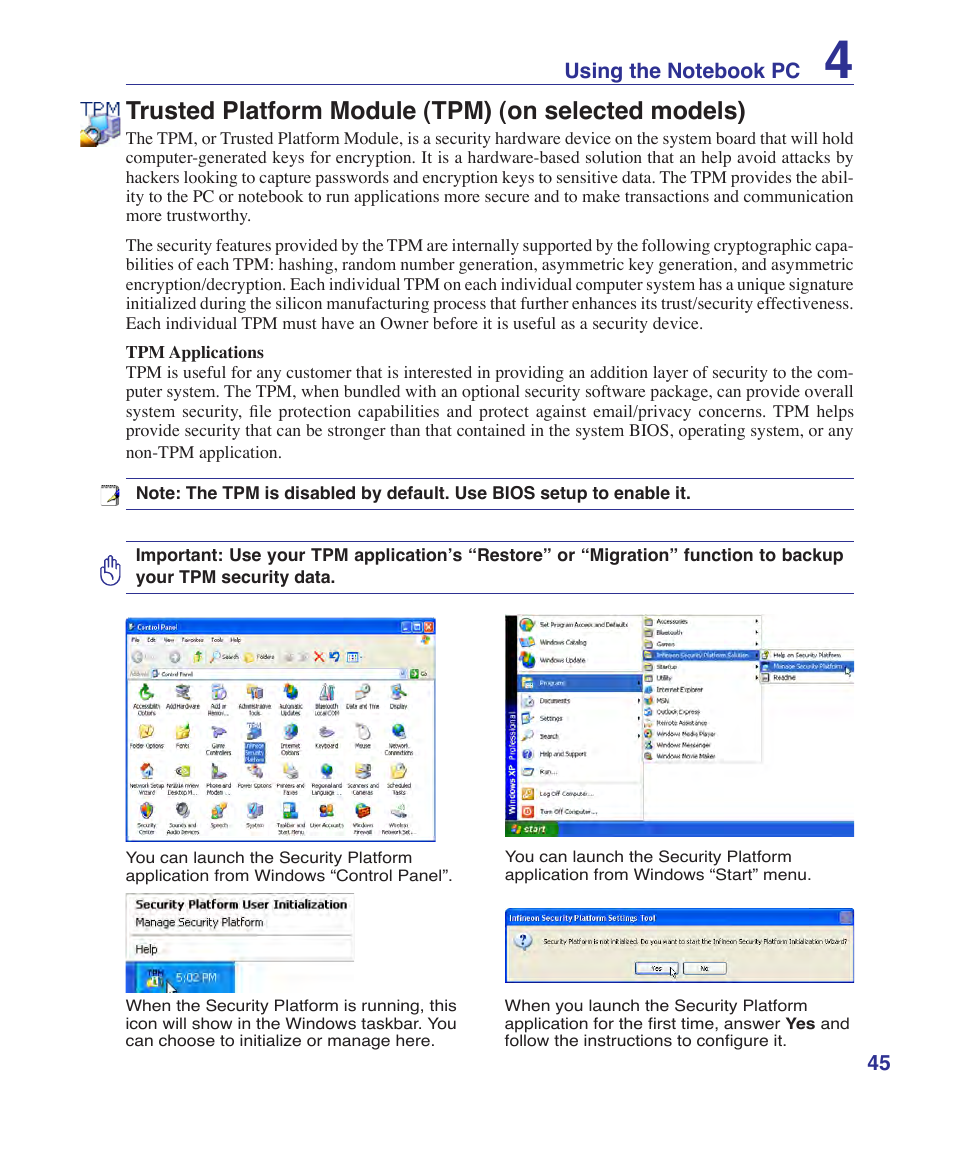 Trusted platform module (tpm) (on selected models) | Asus A9Rp User Manual | Page 45 / 67