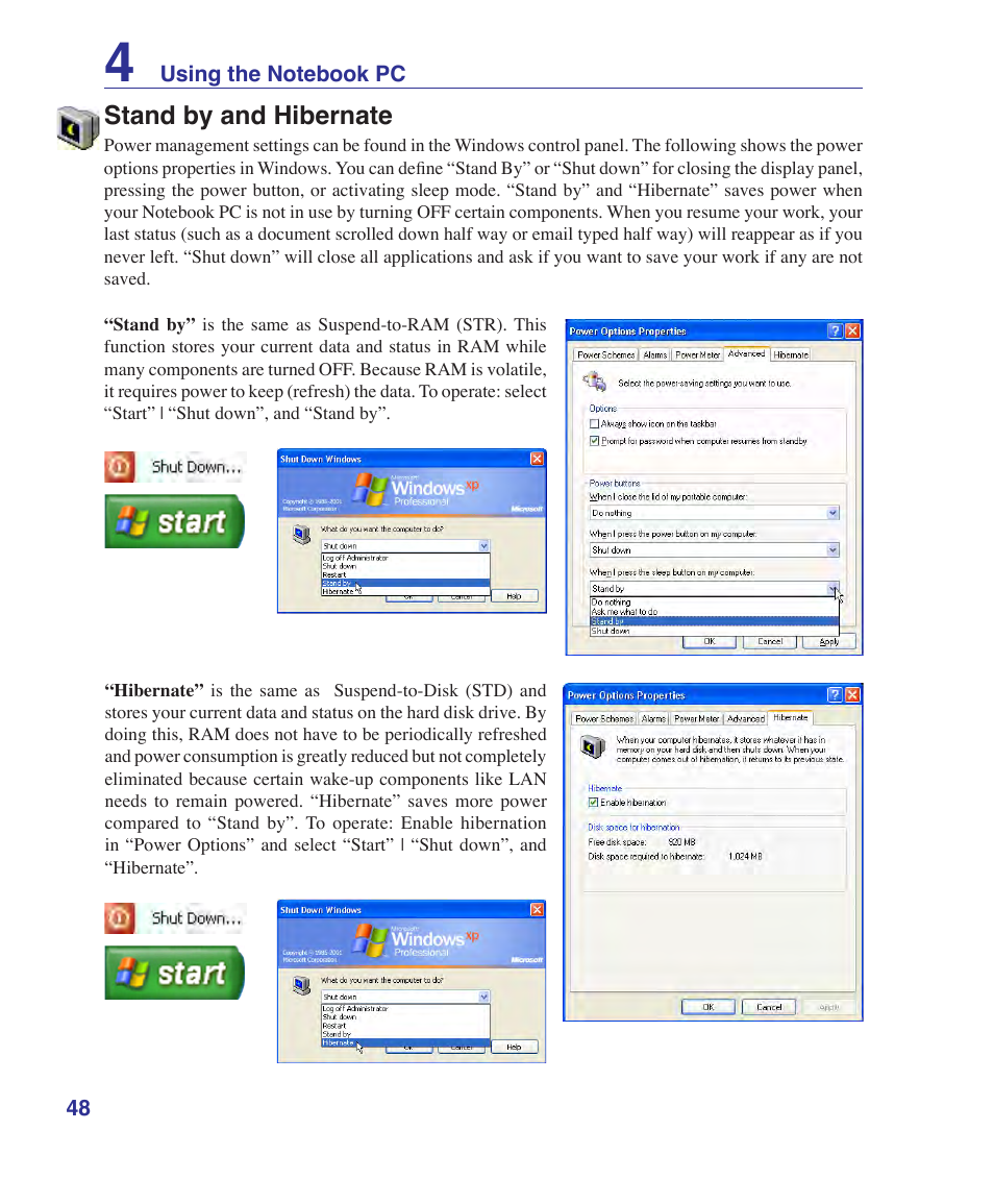 Stand by and hibernate | Asus A9Rp User Manual | Page 48 / 67