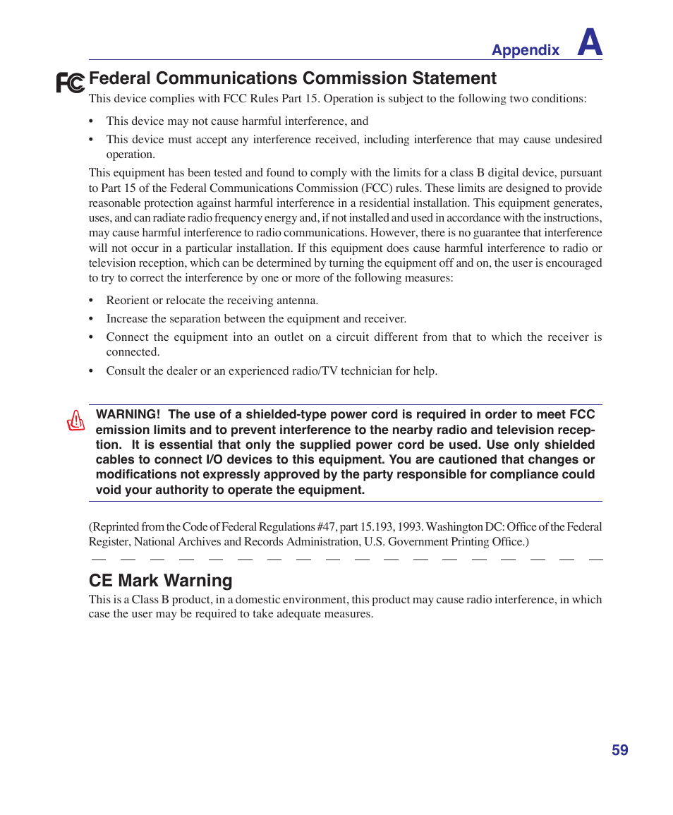 Federal communications commission statement, Ce mark warning | Asus A9Rp User Manual | Page 59 / 67