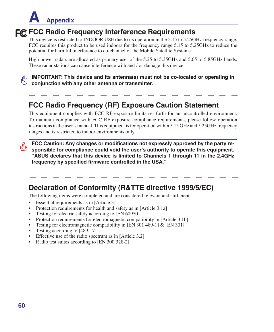 Fcc radio frequency interference requirements | Asus A9Rp User Manual | Page 60 / 67