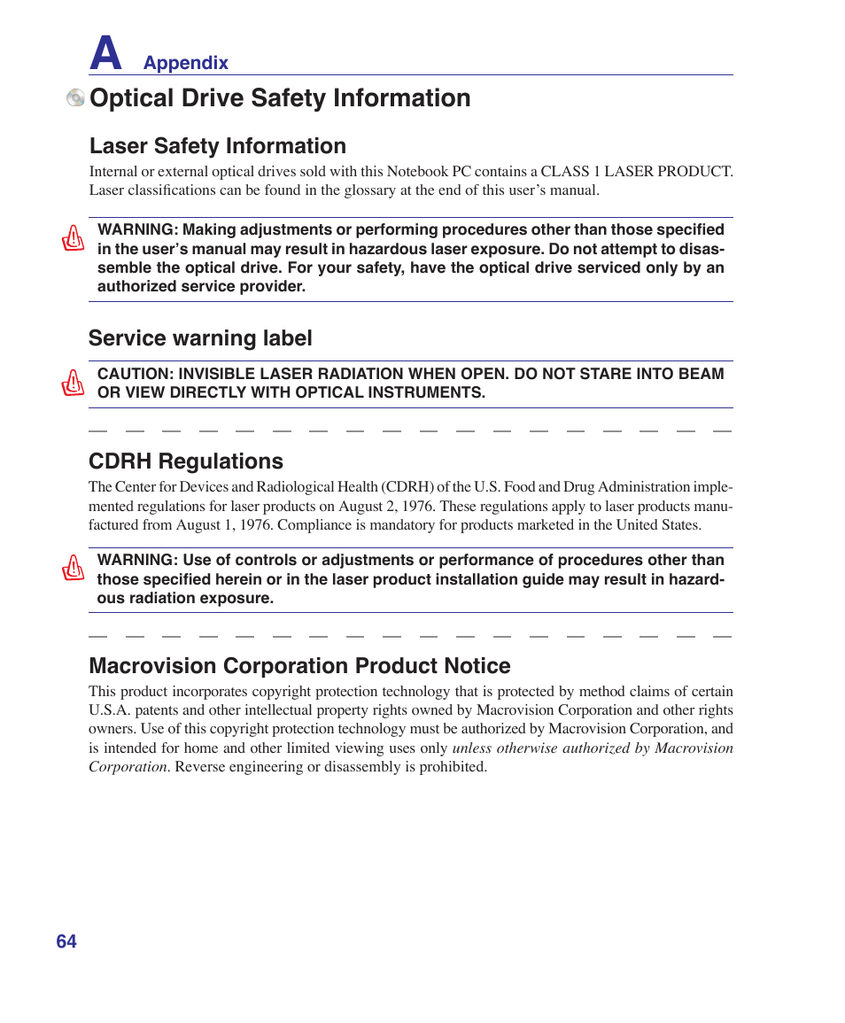 Optical drive safety information, Service warning label, Cdrh regulations | Macrovision corporation product notice, Laser safety information | Asus A9Rp User Manual | Page 64 / 67