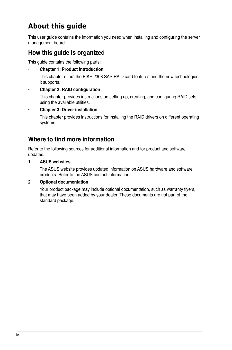 About this guide, How this guide is organized, Where to find more information | Asus PIKE 2308 User Manual | Page 4 / 62