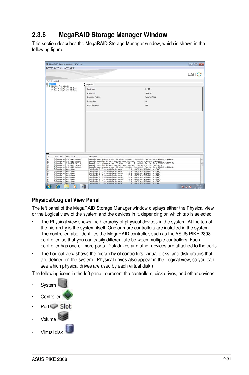 6 megaraid storage manager window, Megaraid storage manager window -31 | Asus PIKE 2308 User Manual | Page 43 / 62