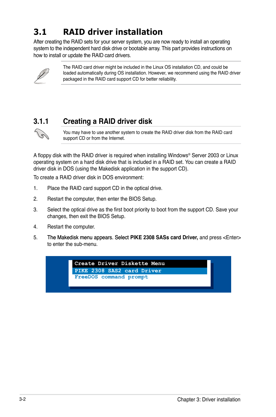 1 raid driver installation, 1 creating a raid driver disk, Raid driver installation -2 3.1.1 | Creating a raid driver disk -2 | Asus PIKE 2308 User Manual | Page 48 / 62