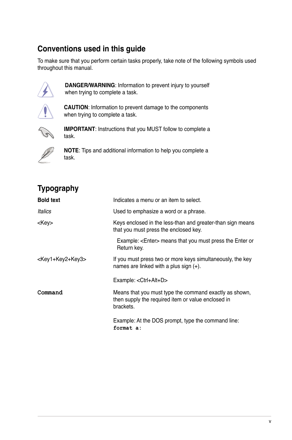 Typography, Conventions used in this guide | Asus PIKE 2308 User Manual | Page 5 / 62