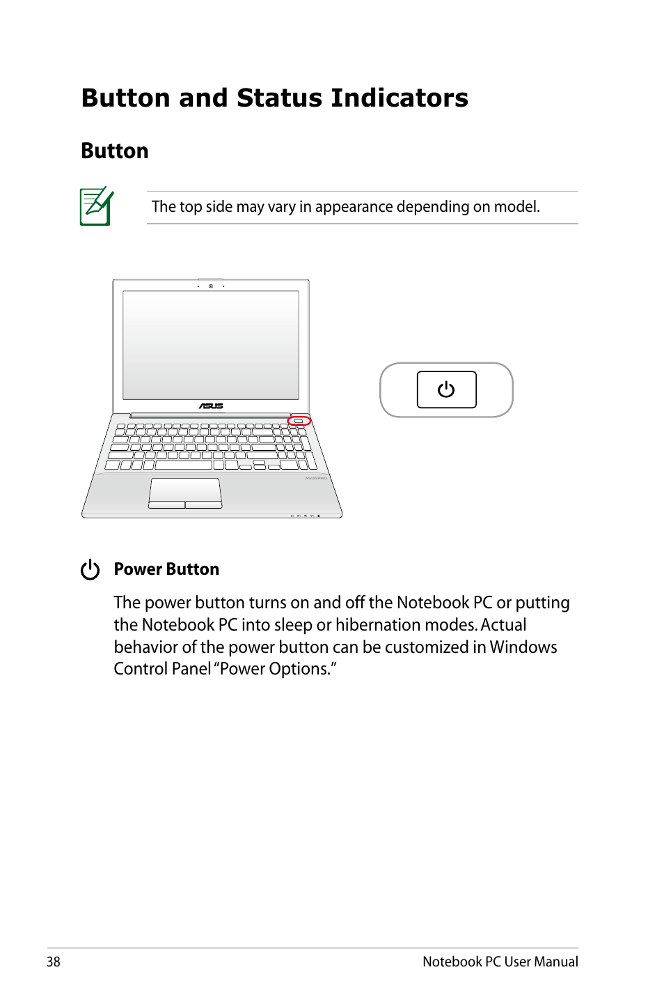 Button and status indicators, Button | Asus PU500CA User Manual | Page 38 / 100