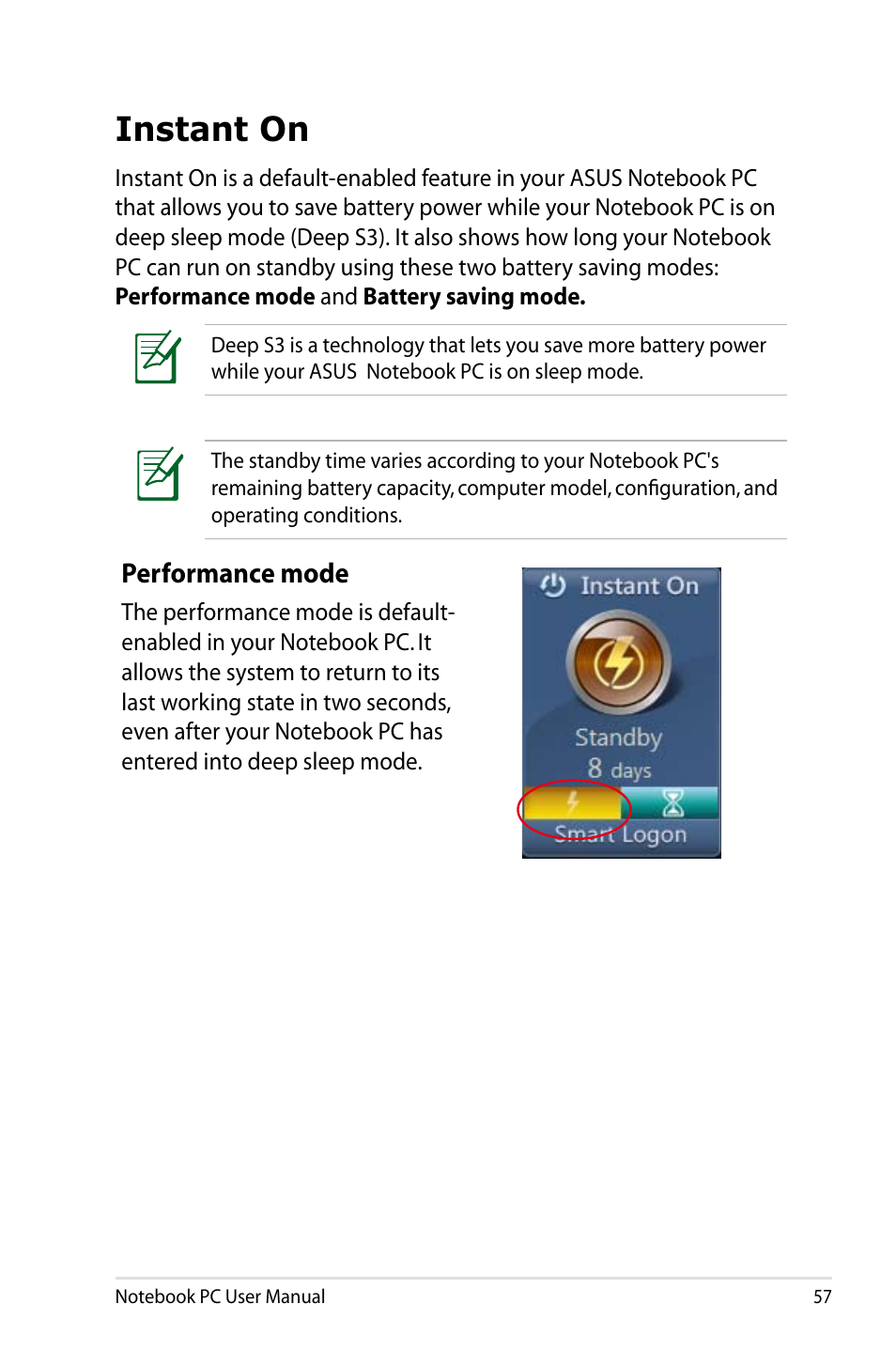 Instant on, Performance mode | Asus PU500CA User Manual | Page 57 / 100