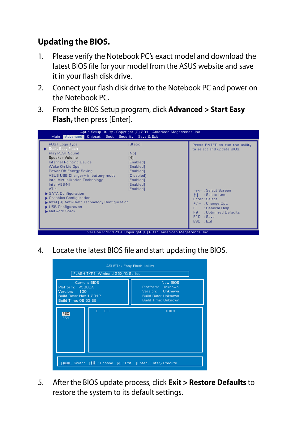 Updating the bios | Asus PU500CA User Manual | Page 72 / 100