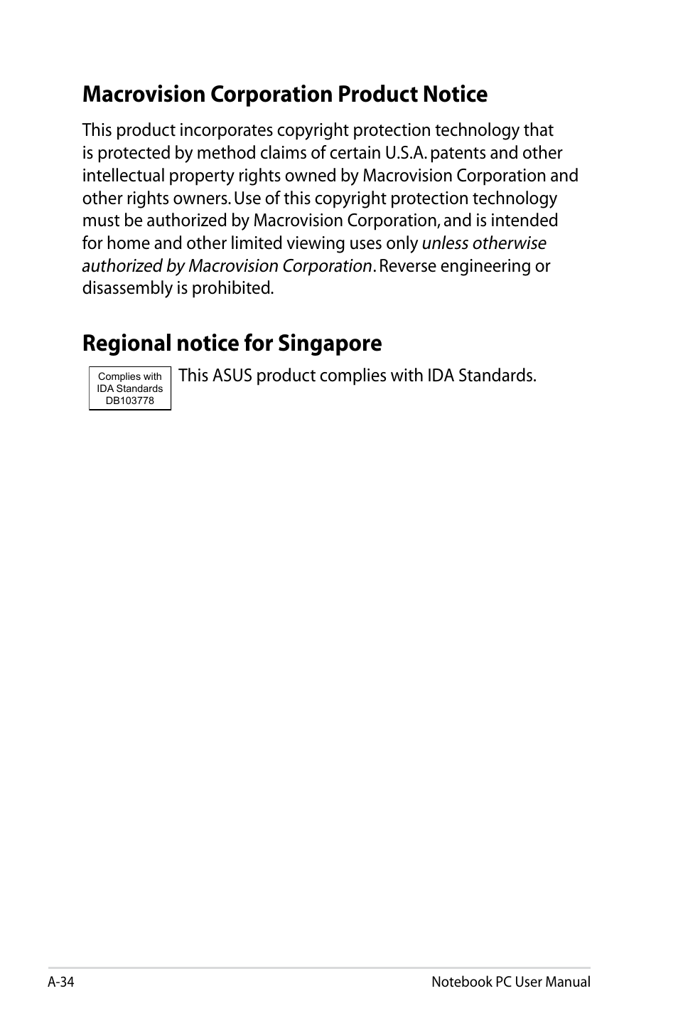 Macrovision corporation product notice, Regional notice for singapore | Asus PU500CA User Manual | Page 92 / 100