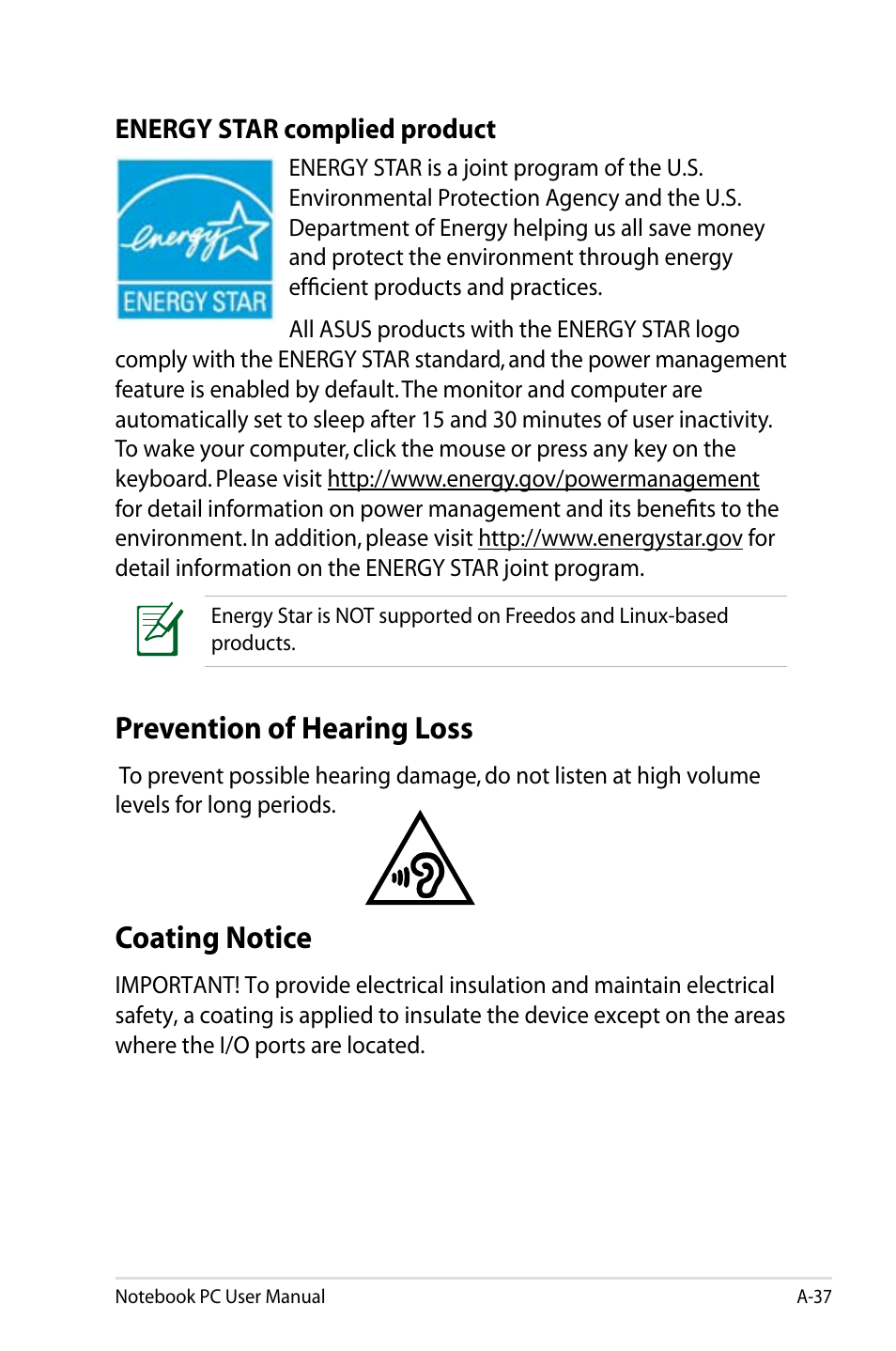 Prevention of hearing loss, Coating notice, Energy star complied product | Asus PU500CA User Manual | Page 95 / 100