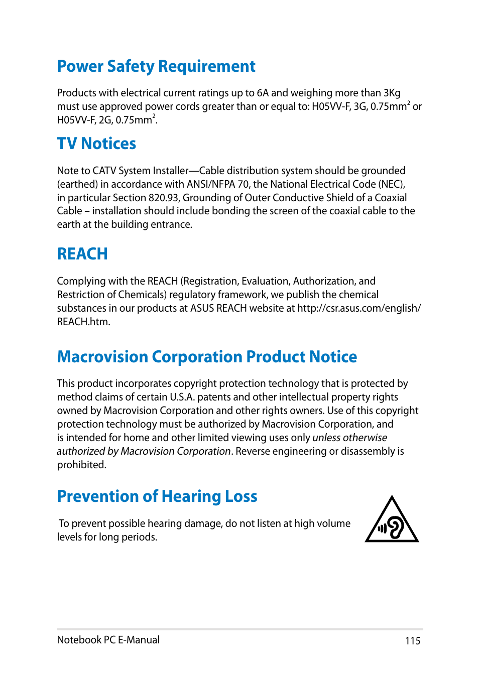 Power safety requirement, Tv notices, Reach | Macrovision corporation product notice, Prevention of hearing loss, Power safety requirement tv notices reach | Asus X102BA User Manual | Page 115 / 122