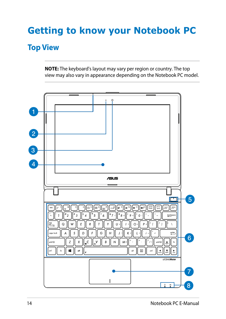 Getting to know your notebook pc, Top view | Asus X102BA User Manual | Page 14 / 122