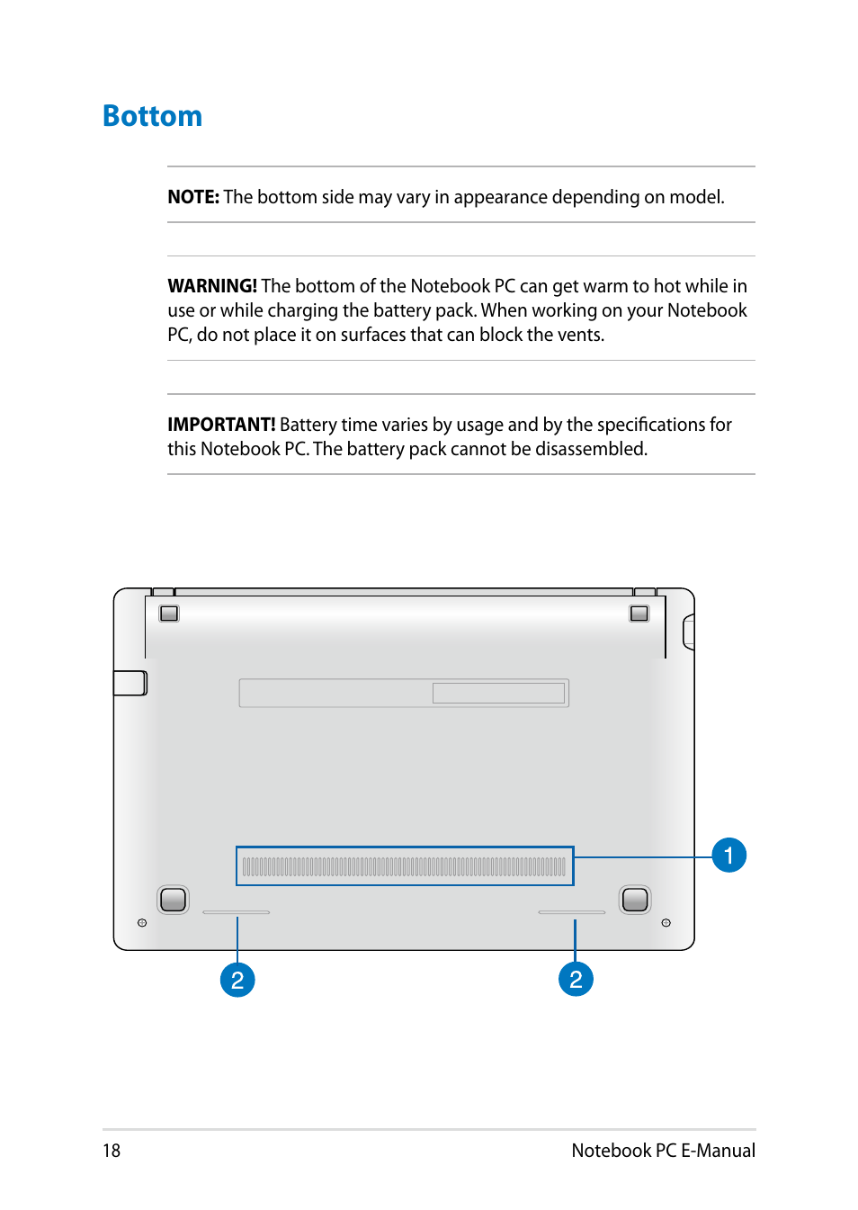 Bottom | Asus X102BA User Manual | Page 18 / 122