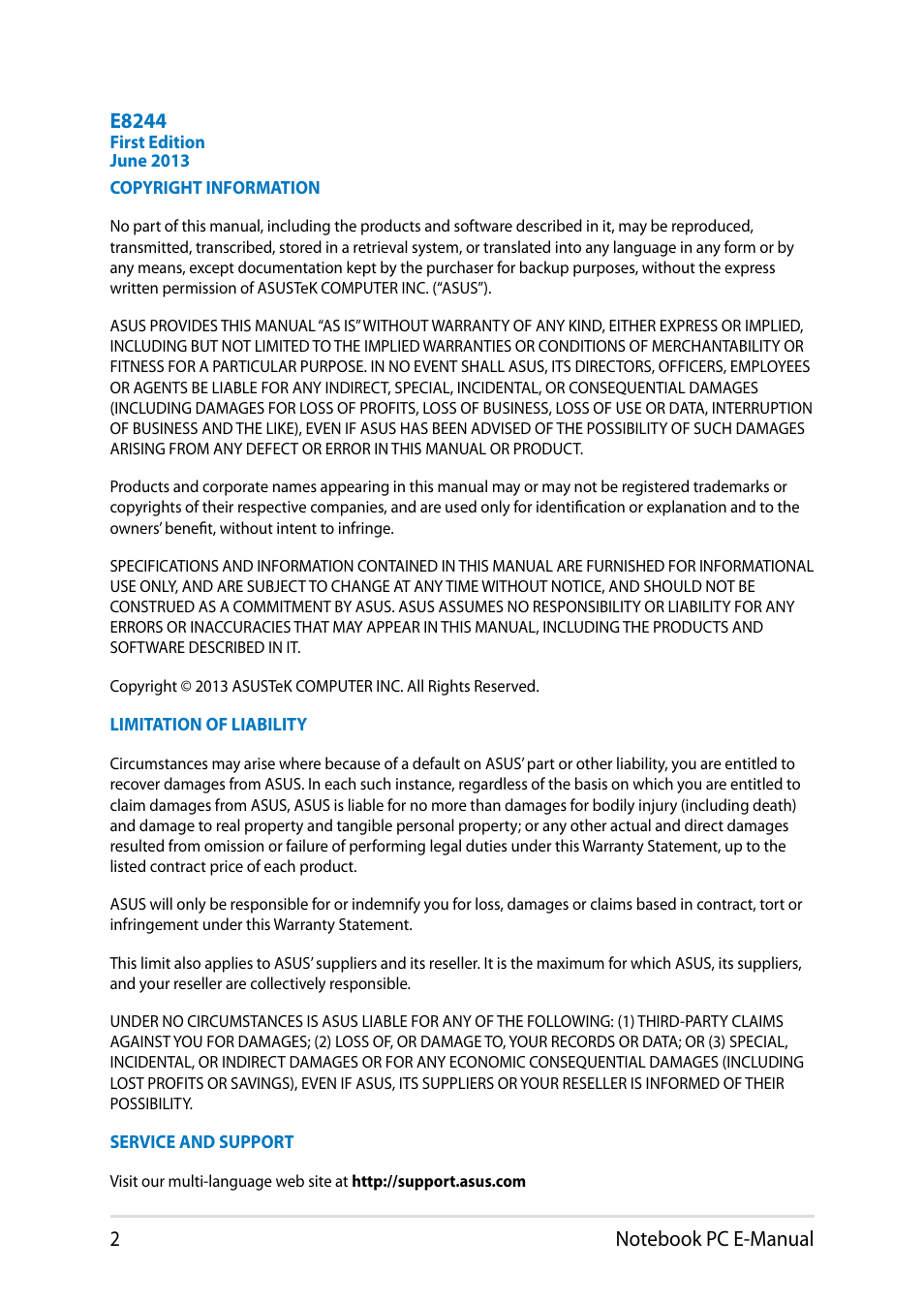 E8244 | Asus X102BA User Manual | Page 2 / 122