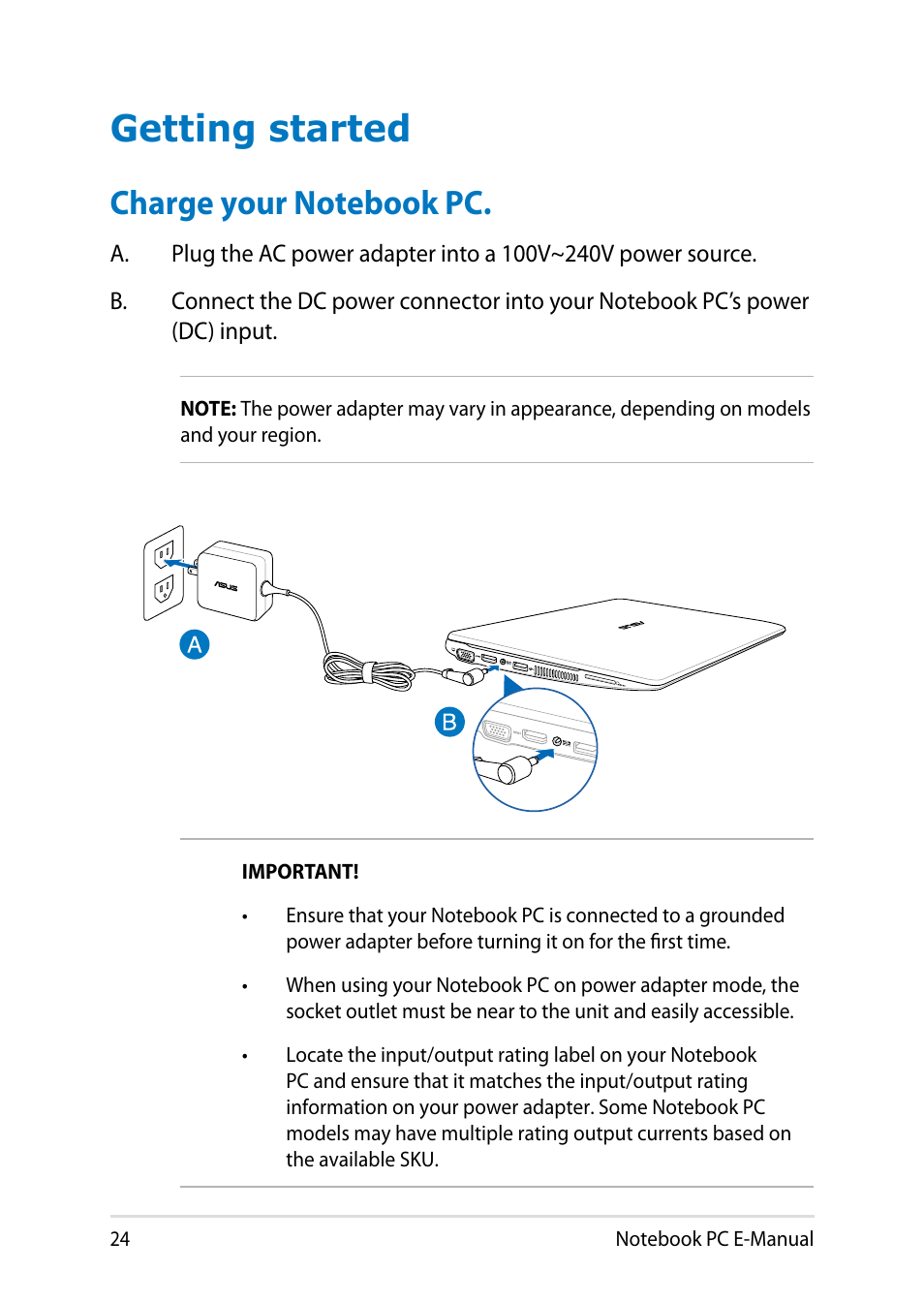 Getting started, Charge your notebook pc | Asus X102BA User Manual | Page 24 / 122