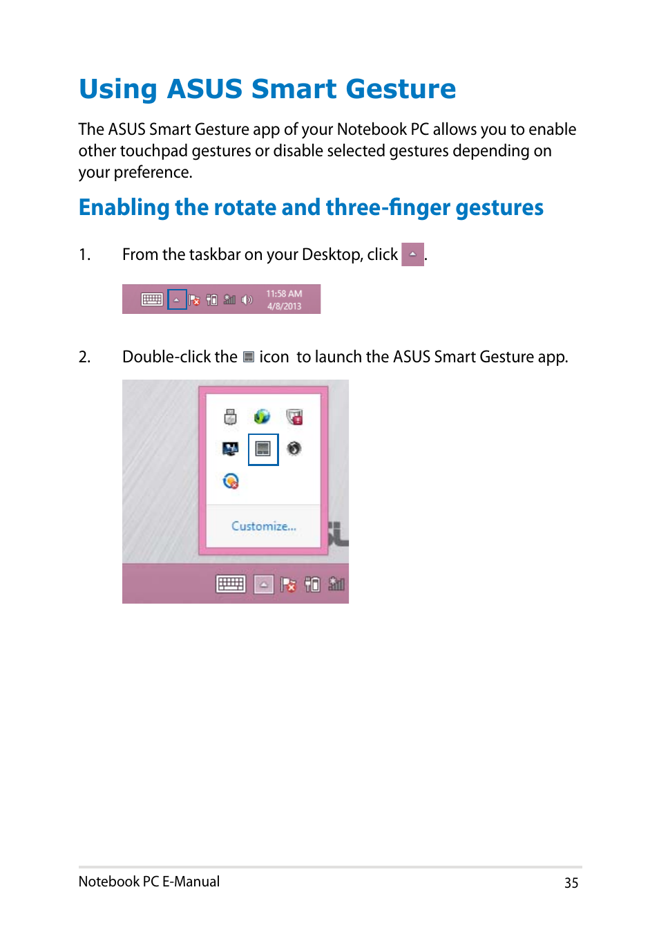 Using asus smart gesture, Enabling the rotate and three-finger gestures | Asus X102BA User Manual | Page 35 / 122