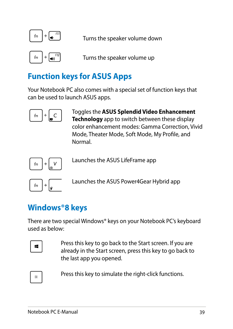 Function keys for asus apps, Windows®8 keys, Function keys for asus apps windows®8 keys | Asus X102BA User Manual | Page 39 / 122