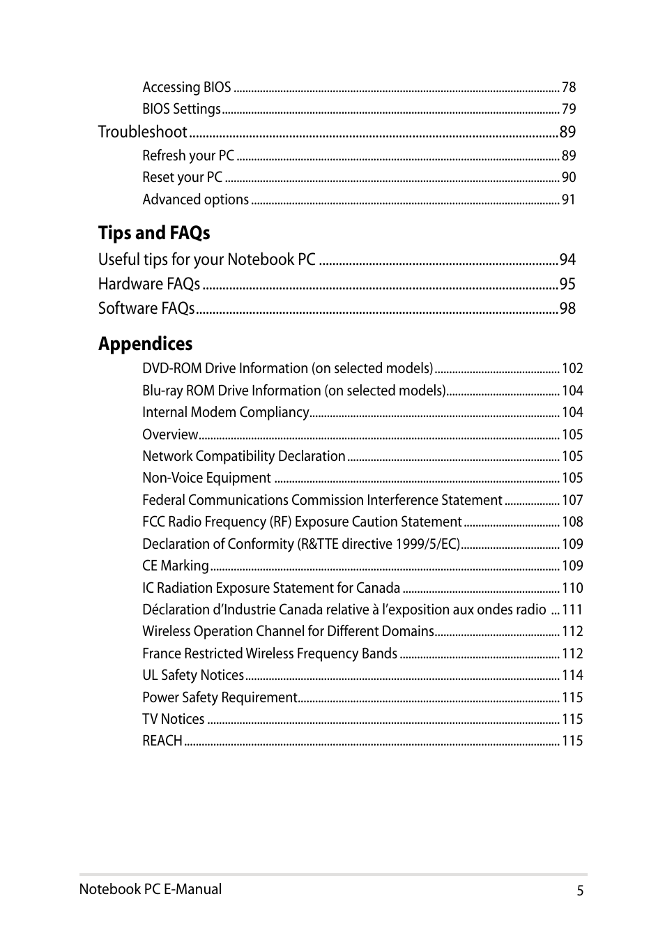 Tips and faqs, Appendices | Asus X102BA User Manual | Page 5 / 122