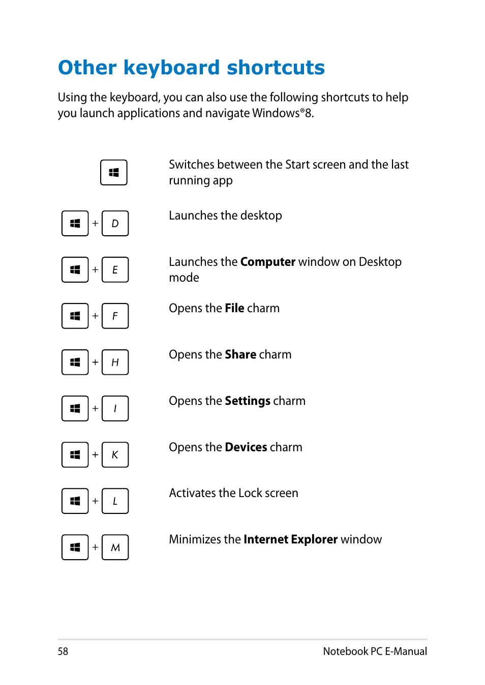 Other keyboard shortcuts | Asus X102BA User Manual | Page 58 / 122