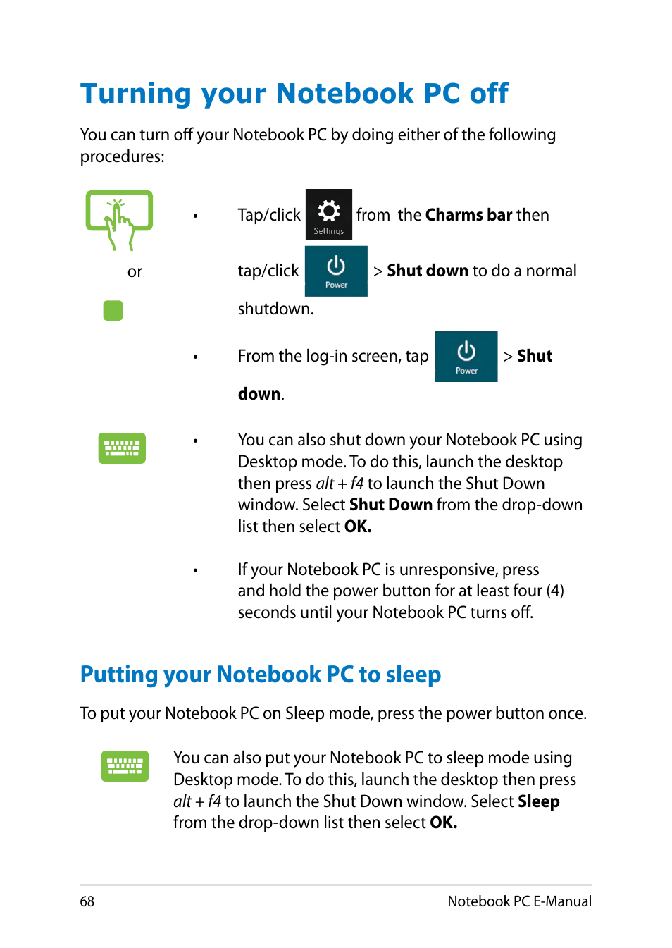 Turning your notebook pc off, Putting your notebook pc to sleep | Asus X102BA User Manual | Page 68 / 122