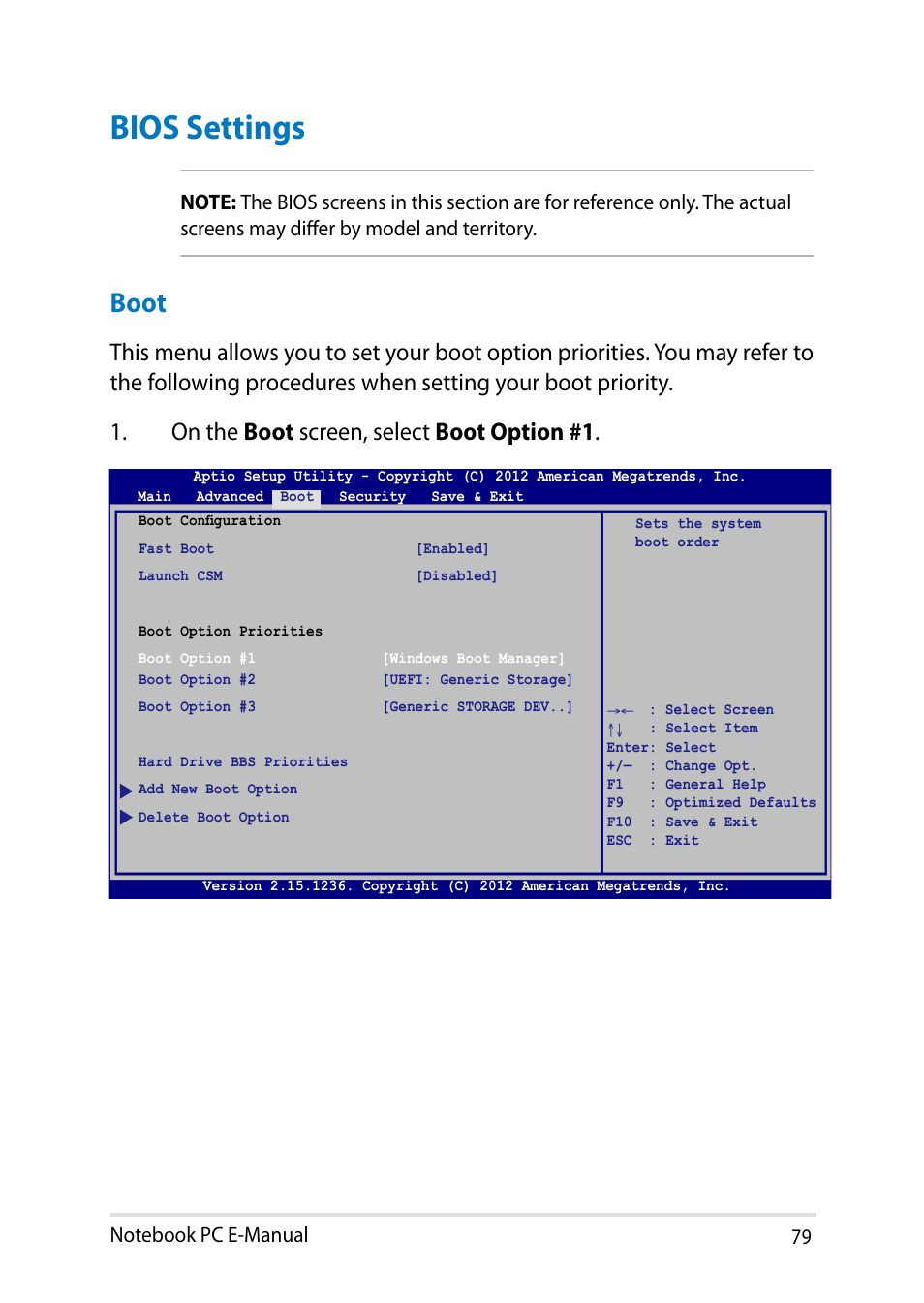 Bios settings, Boot | Asus X102BA User Manual | Page 79 / 122