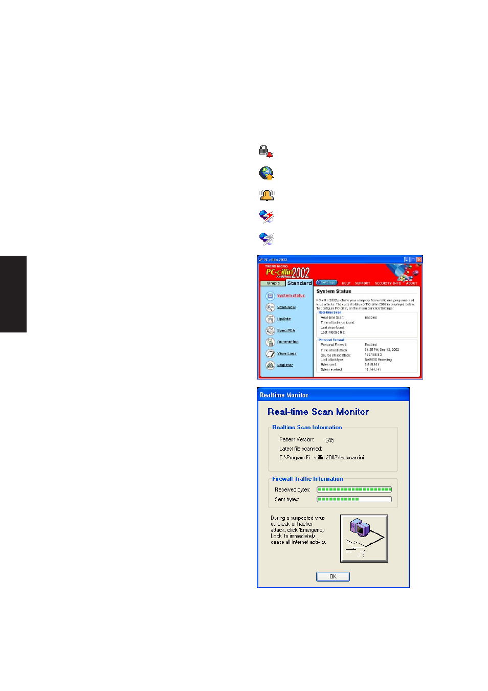 Pc-cillin 2002 feature screens, Configuration screen, Real-time status | Asus W1Gc User Manual | Page 63 / 118