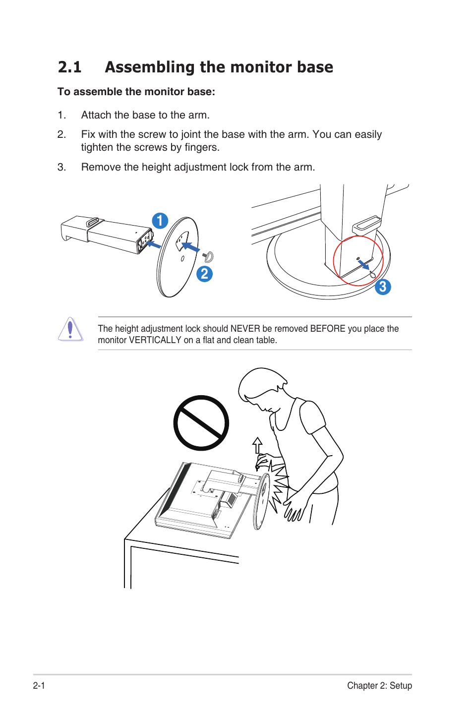 1 assembling the monitor base, Assembling the monitor base -1 | Asus VG23AH User Manual | Page 12 / 26