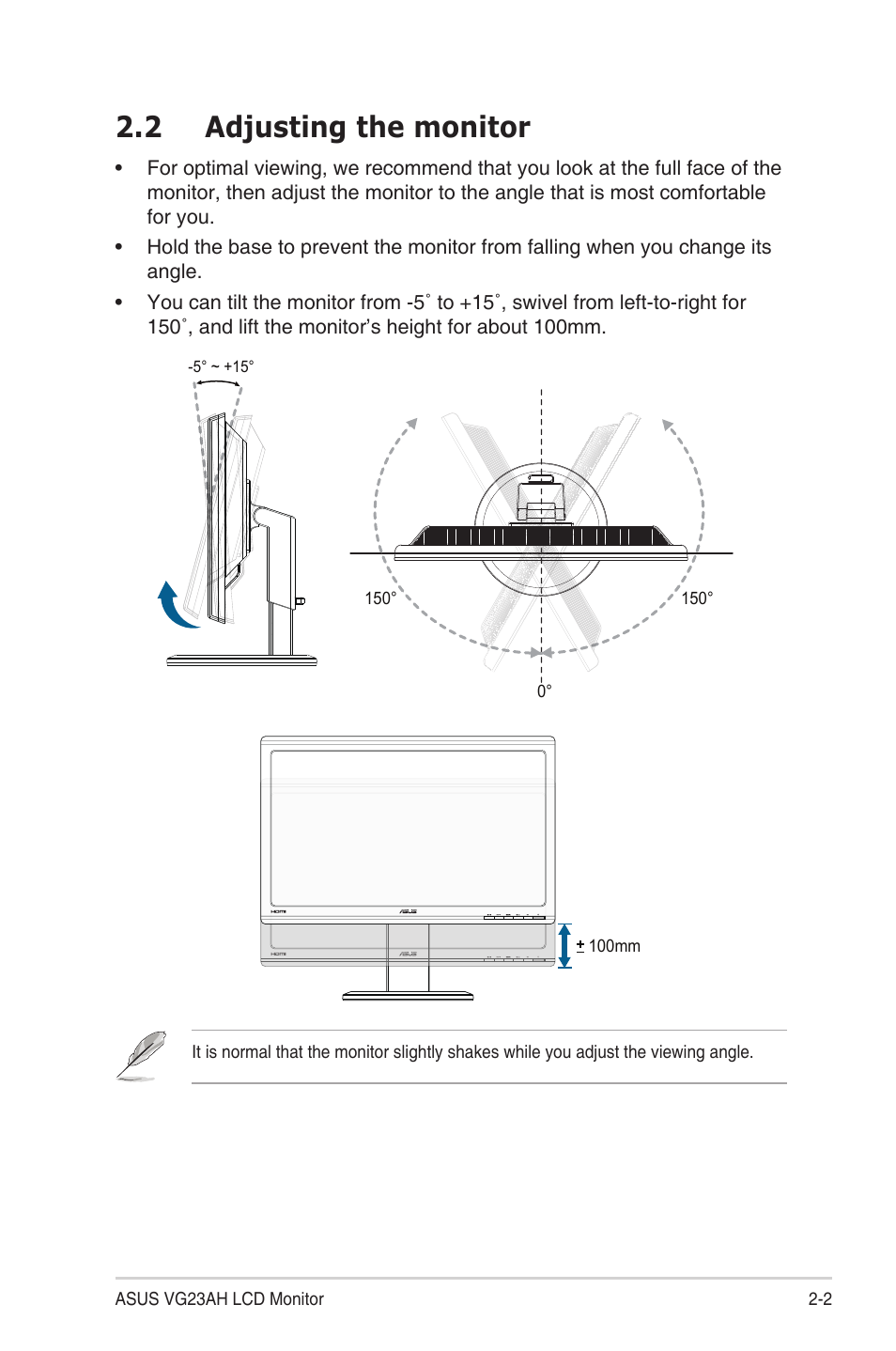 2 adjusting the monitor, Adjusting the monitor -2 | Asus VG23AH User Manual | Page 13 / 26