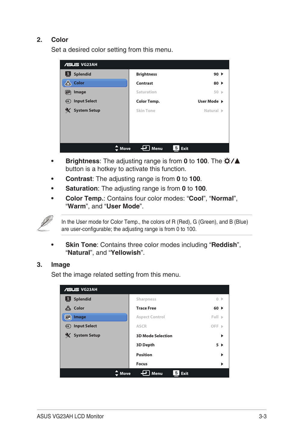 Color set a desired color setting from this menu | Asus VG23AH User Manual | Page 17 / 26