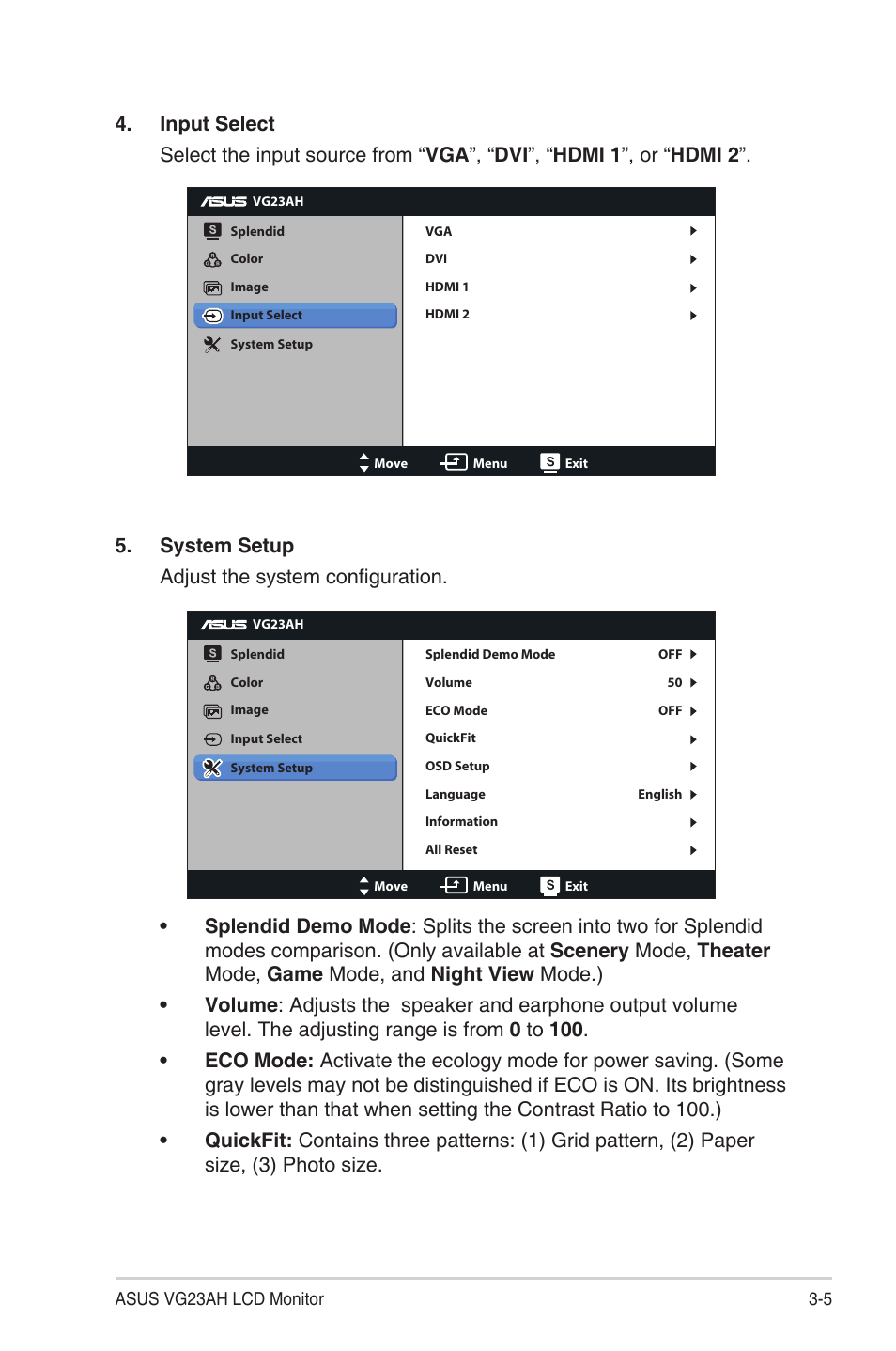 System setup adjust the system configuration | Asus VG23AH User Manual | Page 19 / 26