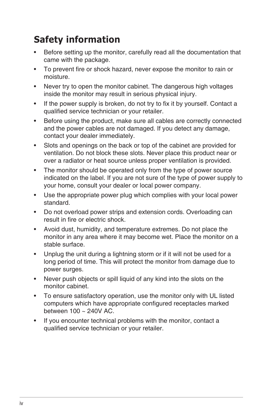 Safety information | Asus VG23AH User Manual | Page 4 / 26