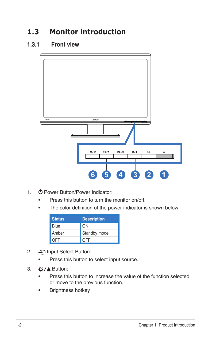 3 monitor introduction, 1 front view, Monitor introduction -2 1.3.1 | Front view -2 | Asus VG23AH User Manual | Page 8 / 26