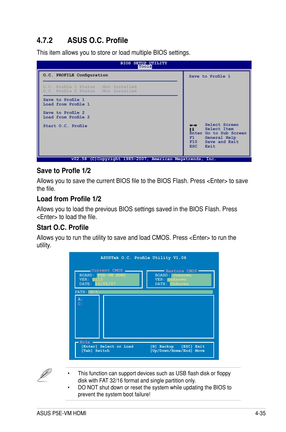 2 asus o.c. profile, Save to profle 1/2, Load from profile 1/2 | Start o.c. profile | Asus P5E-VM HDMI User Manual | Page 101 / 154