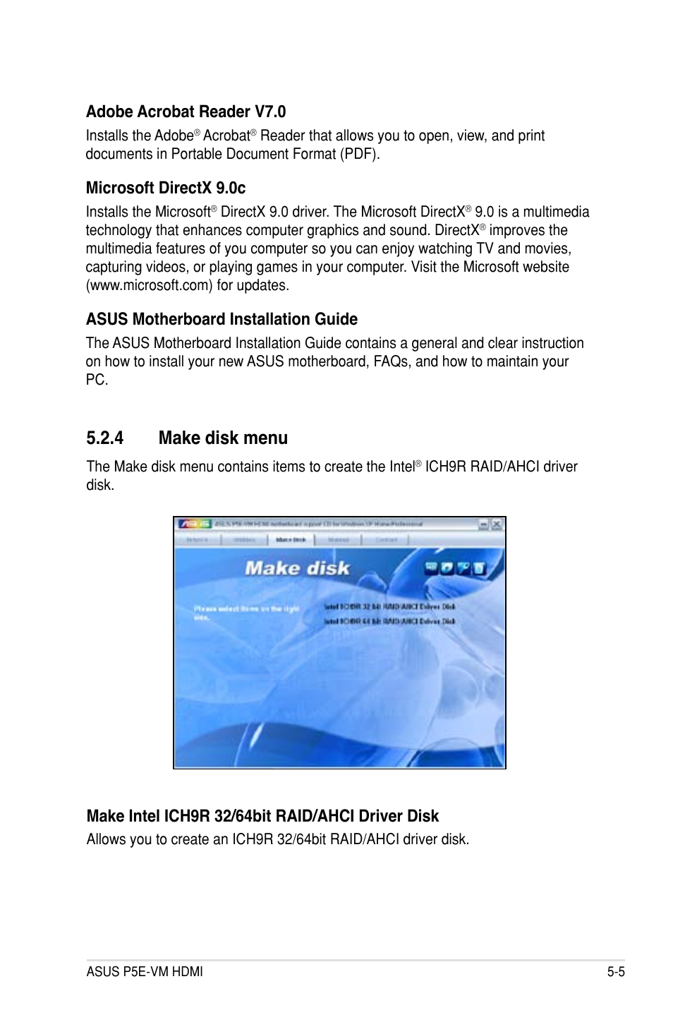 4 make disk menu, Adobe acrobat reader v7.0, Microsoft directx 9.0c | Asus motherboard installation guide | Asus P5E-VM HDMI User Manual | Page 109 / 154