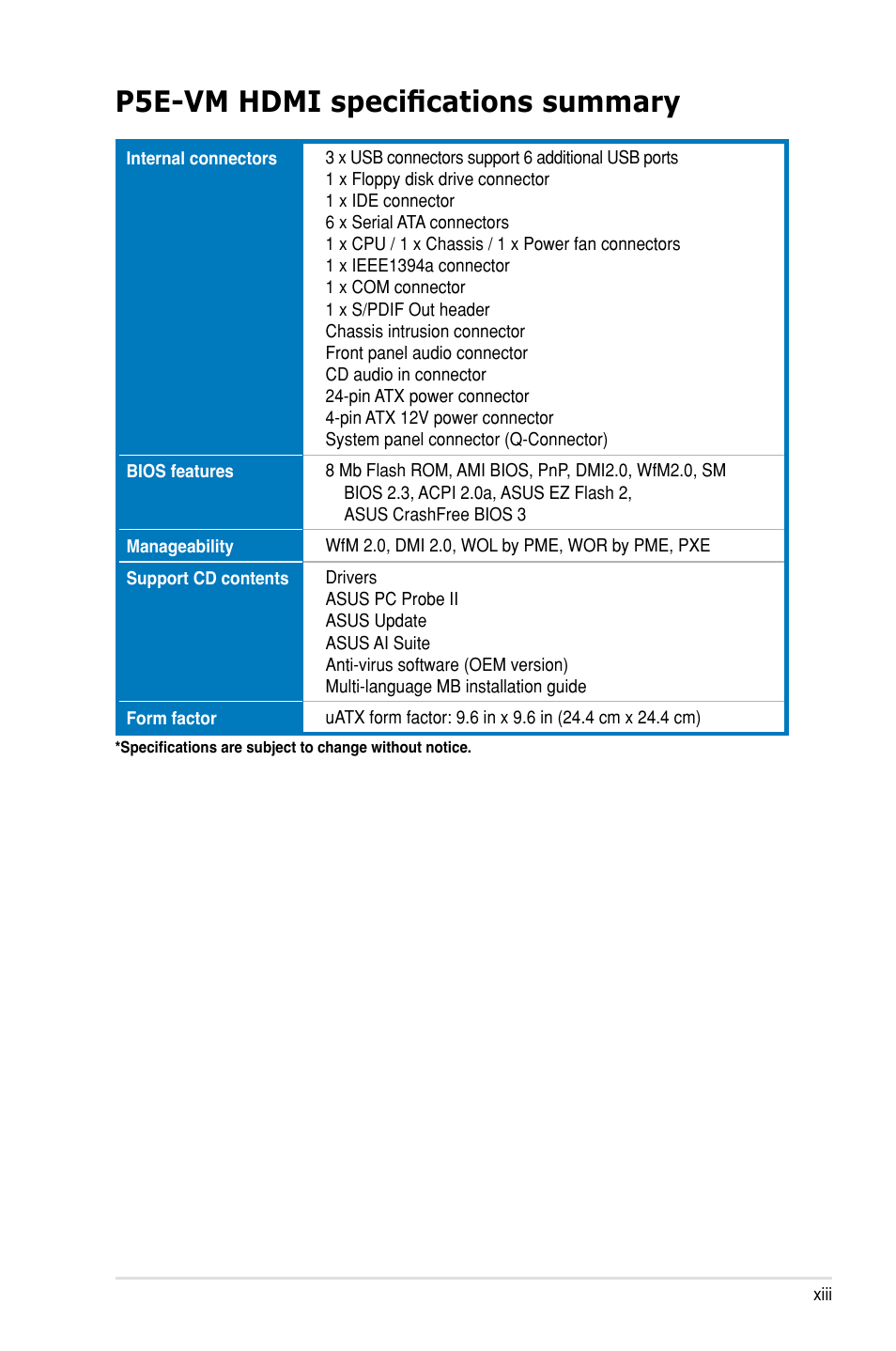 P5e-vm hdmi specifications summary | Asus P5E-VM HDMI User Manual | Page 13 / 154