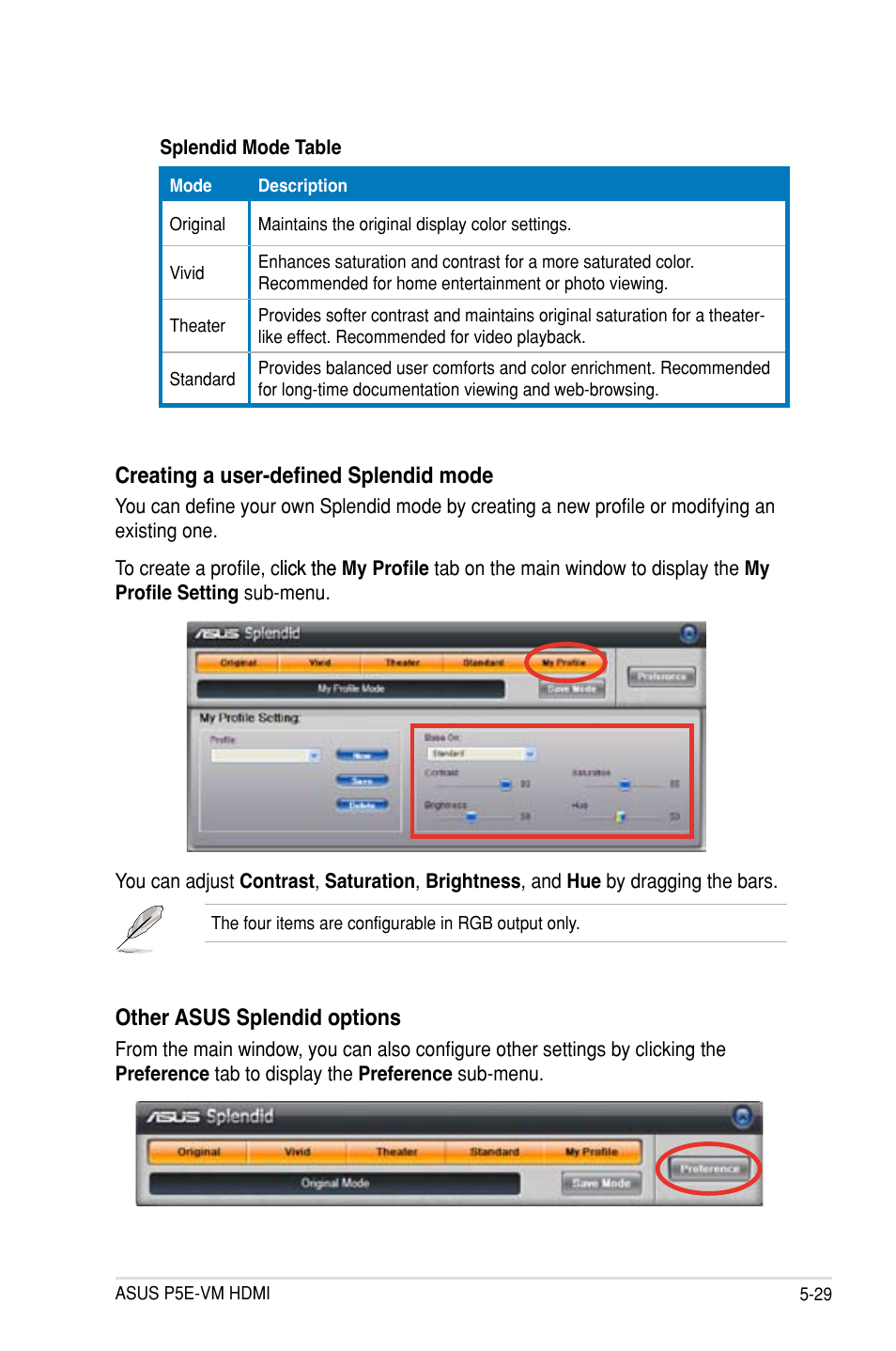 Creating a user-defined splendid mode, Other asus splendid options | Asus P5E-VM HDMI User Manual | Page 133 / 154