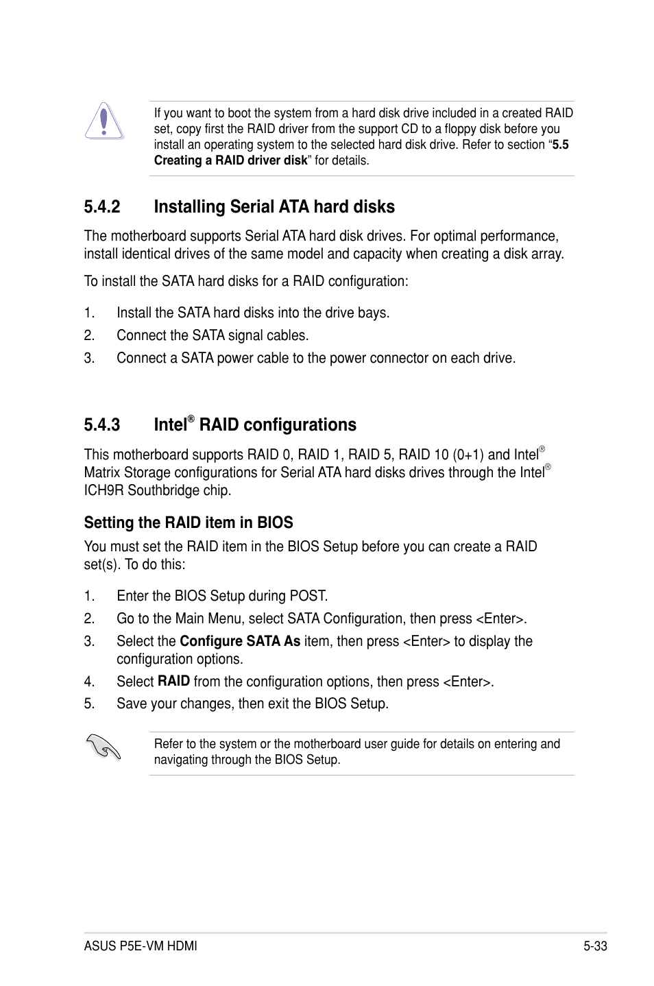 3 intel, Raid configurations, 2 installing serial ata hard disks | Asus P5E-VM HDMI User Manual | Page 137 / 154