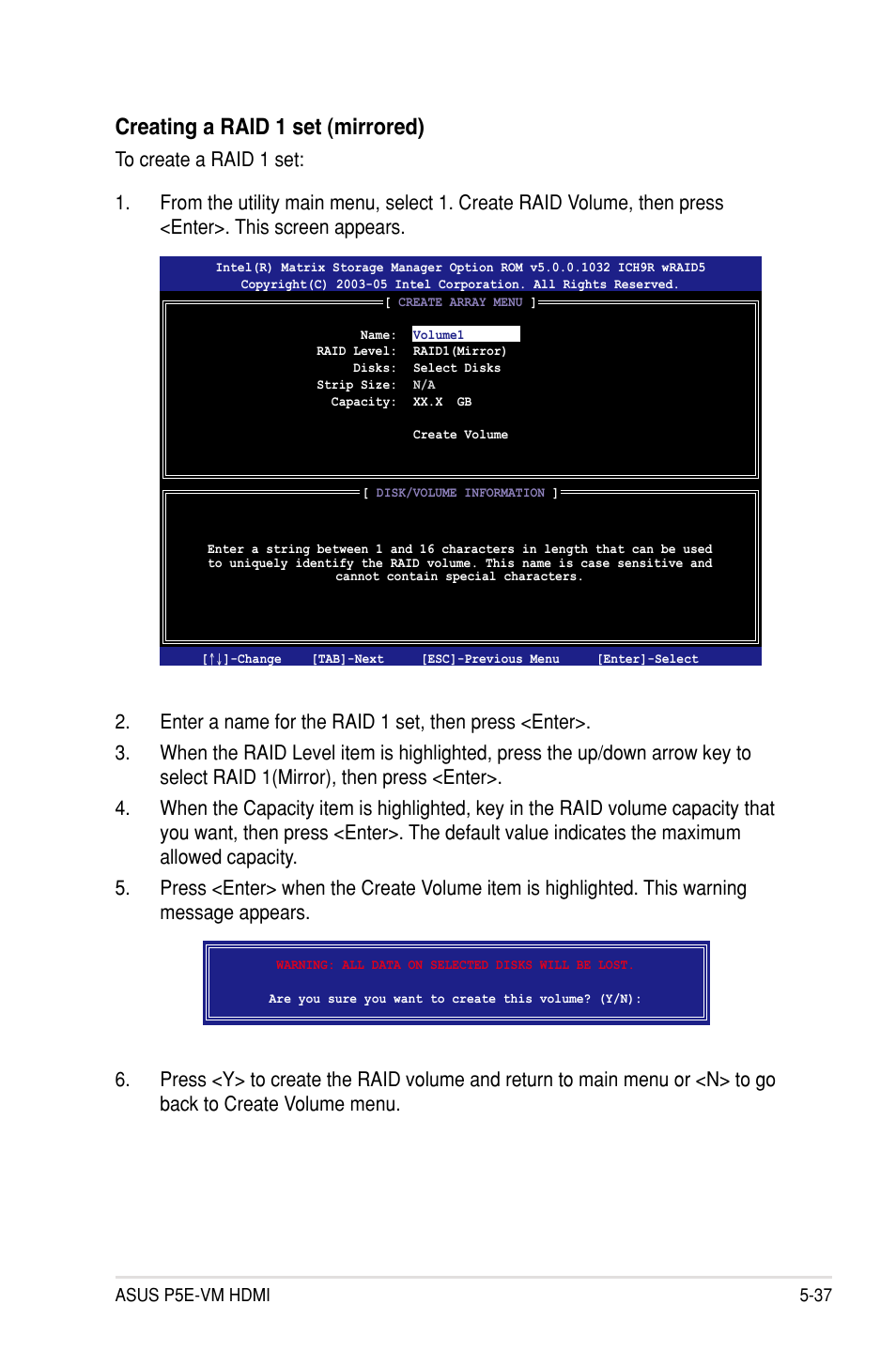 Creating a raid 1 set (mirrored) | Asus P5E-VM HDMI User Manual | Page 141 / 154